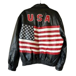 Vintage Leather Jacket Motorcycle Biker Riding Bomber USA Flag Black Men XL